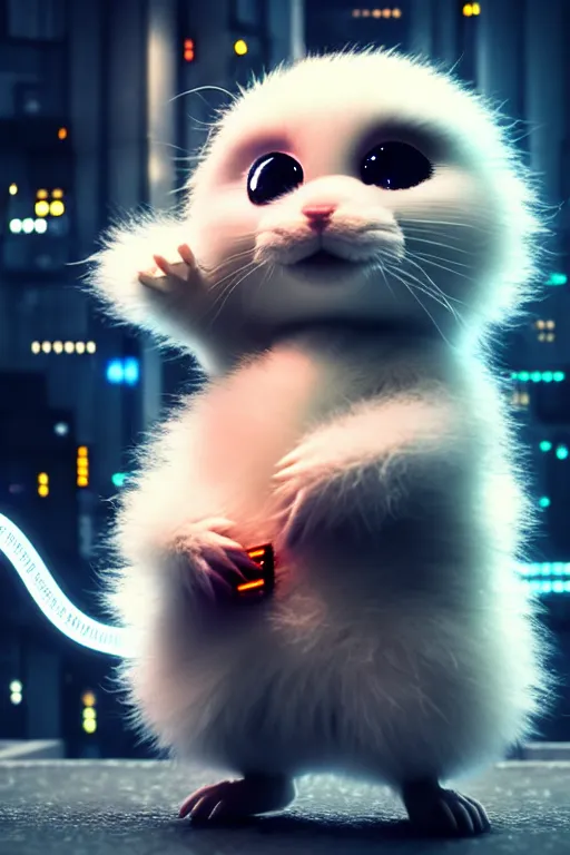 Prompt: high quality 3 d render very cute fluffy cyborg!! rat plays synthesizer, cyberpunk highly detailed, unreal engine cinematic smooth, in the style of blade runner & detective pikachu, hannah yata charlie immer, moody light, low angle, uhd 8 k, sharp focus