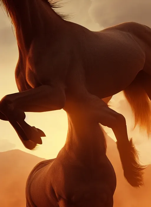 Image similar to the horse subdues the man, volumetric lighting, beautiful, golden hour, sharp focus, ultra detailed, cgsociety by leesha hannigan, ross tran, thierry doizon, kai carpenter, ignacio fernandez rios, noir photorealism, film