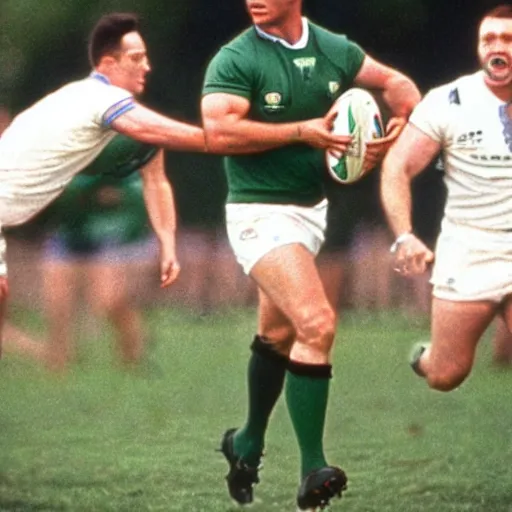 Image similar to photo of forrest gump playing rugby for the irish team