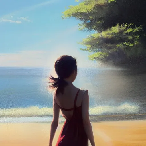 Image similar to oil painting by ilya kuvshinov,, baugh casey, artgerm craig mullins, coby whitmore, of a youthful japanese girl, long hair, wet sundress walking along the coast, highly detailed, breathtaking face, studio photography, noon, intense bounced light, water reflection, large tree casting shadow, serine intense sunlight in the style of zack snyder