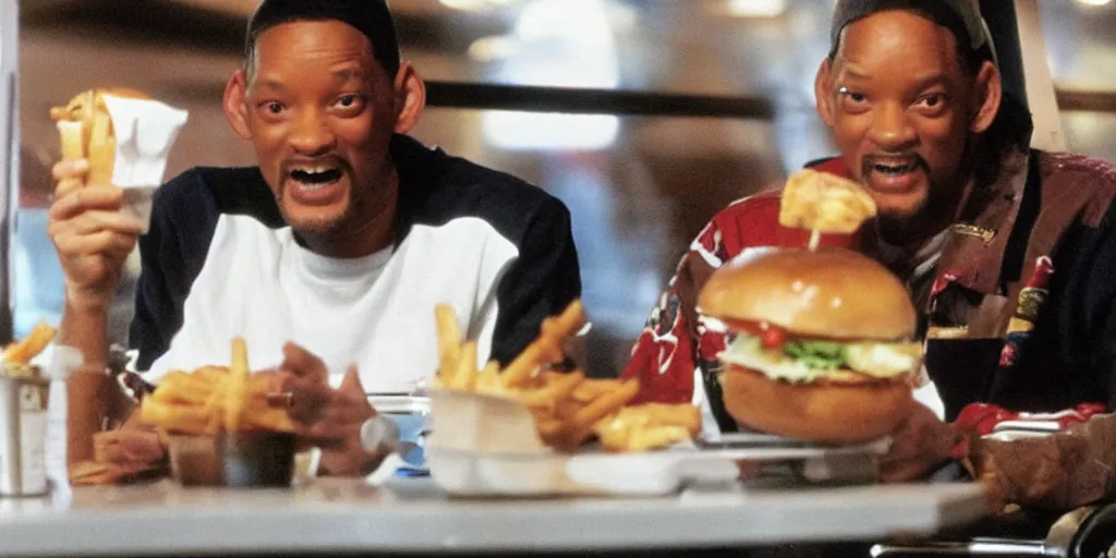 Image similar to e. t will smith sitting in a mc donald ’ s restaurant with an angry expression because he got the wrong hamburger.