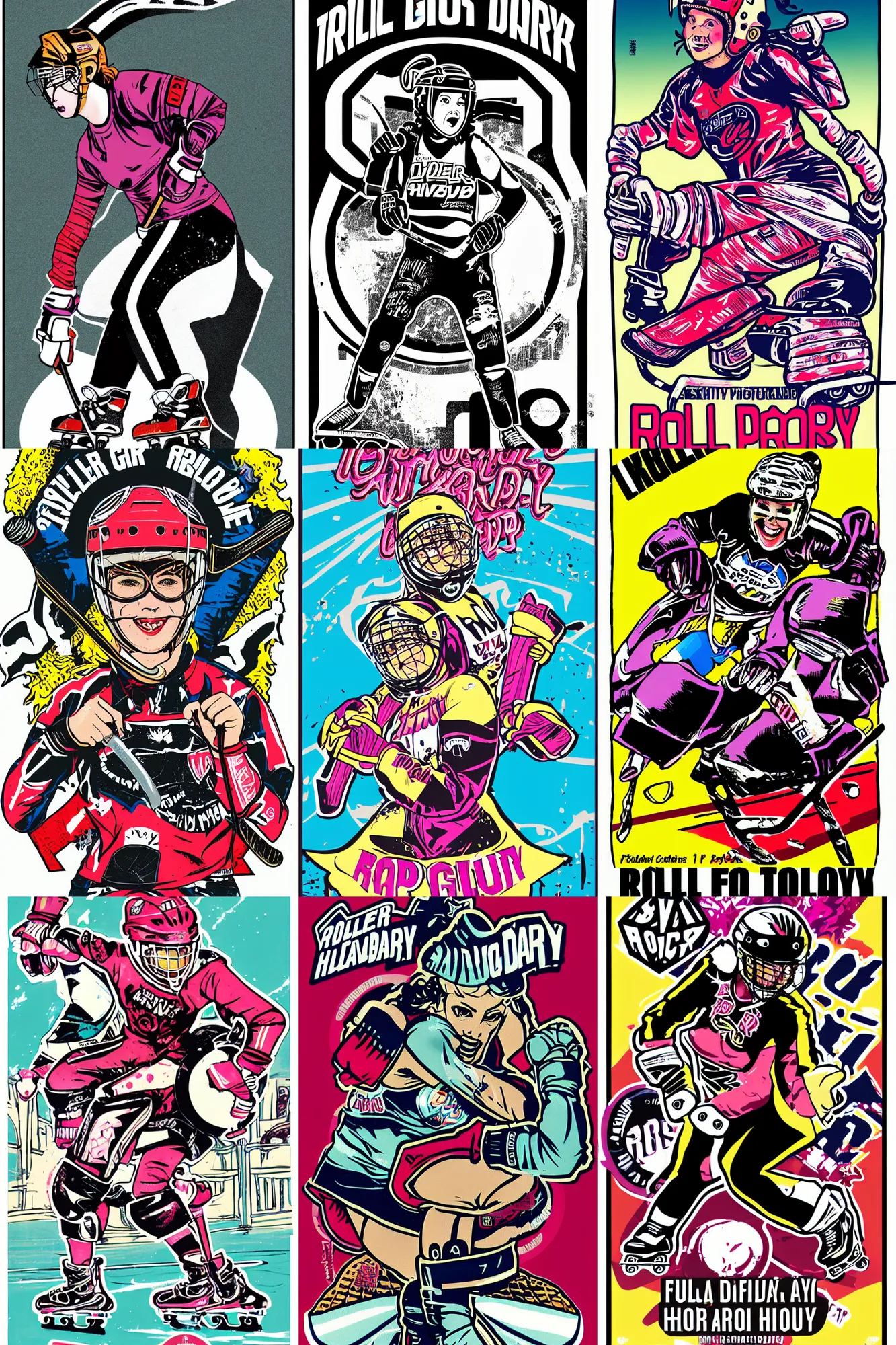 Prompt: roller derby girl hockey Stop , full length portrait, logo, wearing skating helmet, wearing torn clothes, victory lap, Philippe Caza, 2 colour print