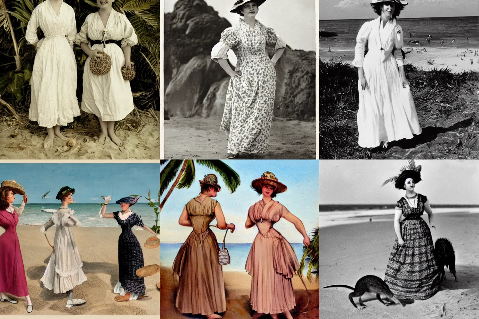 Prompt: rattus norvegicus at a tropical beach wearing edwardian style dresses