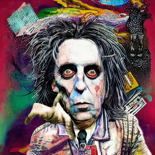 Prompt: graphic illustration, creative design, alice cooper, biopunk, francis bacon, highly detailed, hunter s thompson, mixed media - 1 6. 0