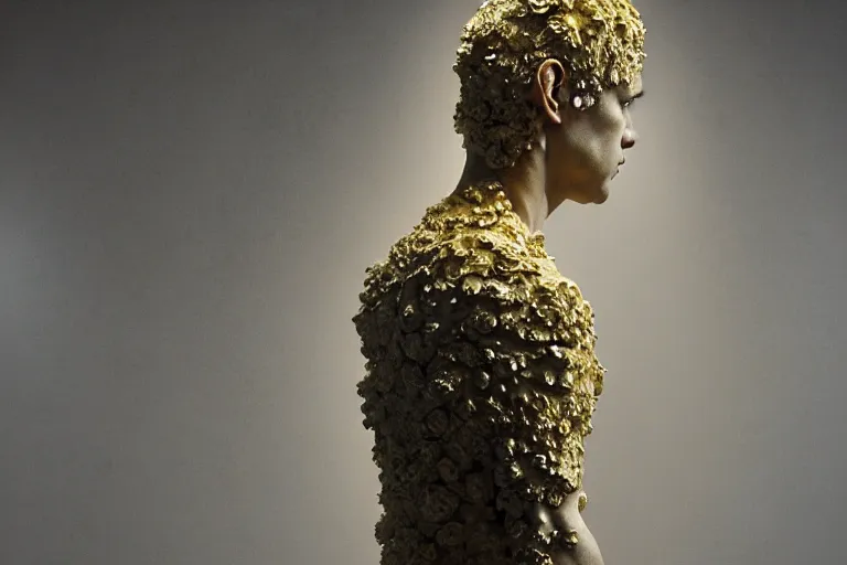 Prompt: a sculpture of a person with flowing golden tears, fractal flowers on the skin, intricate, a marble sculpture by nicola samori, behance, neo - expressionism, marble sculpture, apocalypse art, made of mist, still frame from the prometheus movie by ridley scott with cinematogrophy of christopher doyle, arri alexa, anamorphic bokeh, 8 k