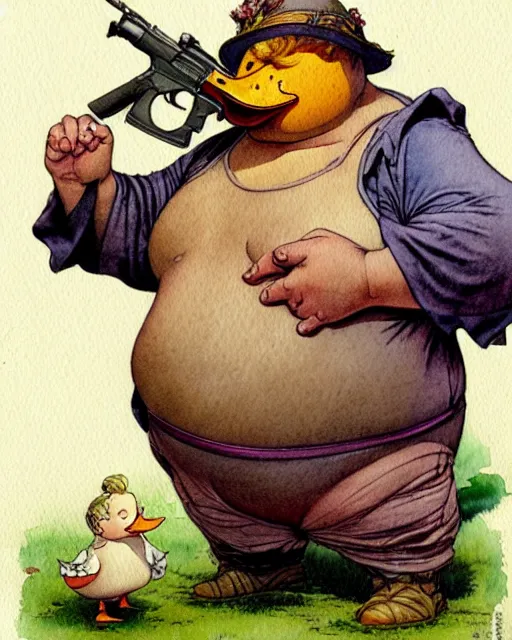 Image similar to a realistic and atmospheric watercolour fantasy character concept art portrait of a fat adorable dirty chibi duck wearing a wife beater and firing a handgun, by rebecca guay, michael kaluta, charles vess and jean moebius giraud