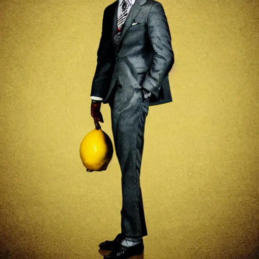 Image similar to A lemon wearing a suit and tie, full body portrait, vintage photo, ultra detailed, creative, dynamic lighting, cinematic, trending on art station