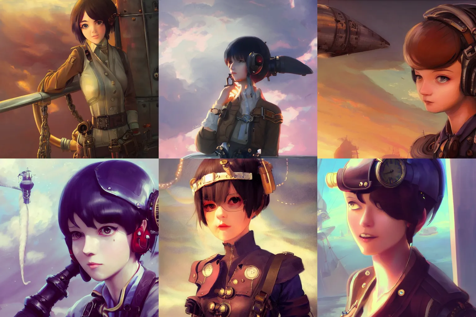 Image similar to a portrait of a cute female air pirate with black bob cut hair leaning against the railing of an airship, steampunk setting, gears, steam, mist, vivid colors, soft lighting, atmospheric, cinematic, moody, in the style of Ilya Kuvshinov and Range Murata, Krenz Cushart, concept art, oil on canvas, 8k