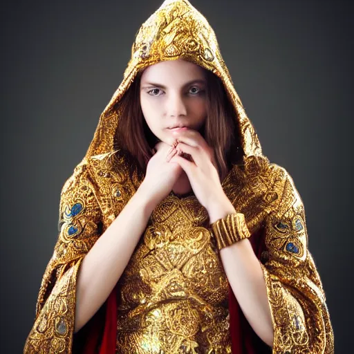 Image similar to a beautiful young female wizard dressed in ornate robes wearing sparkling gold jewelry