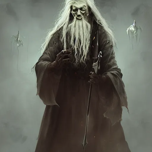 Prompt: a zombie Gandalf, by WLOP, horror, wounds, bloody, dark fantasy, trending on artstation