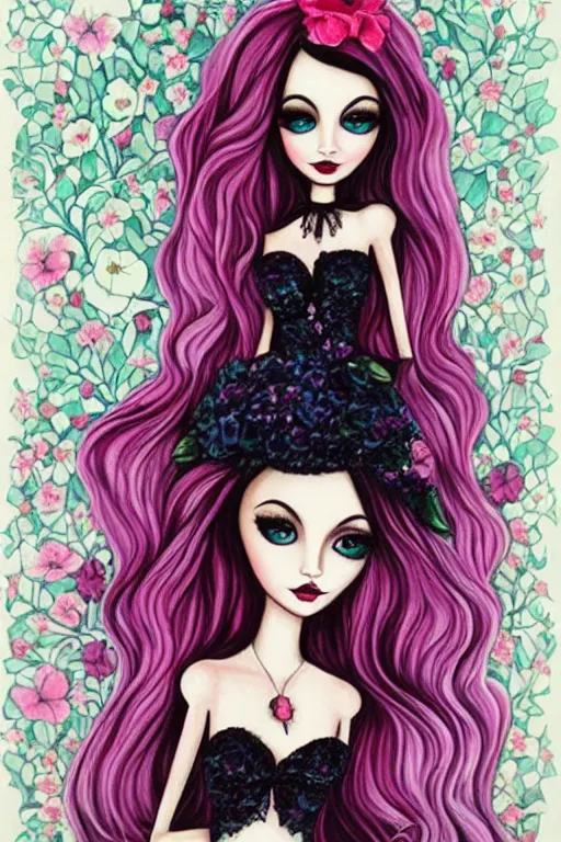 Image similar to gothic barbie with flowers painted by jeremiah ketner