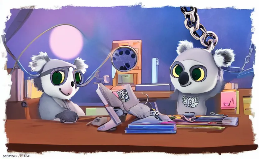 Image similar to “ cute koala with very big eyes, wearing a bandana and chain, holding a laser gun, standing on a desk, digital art, award winning, in the style of the movie zootopia ”