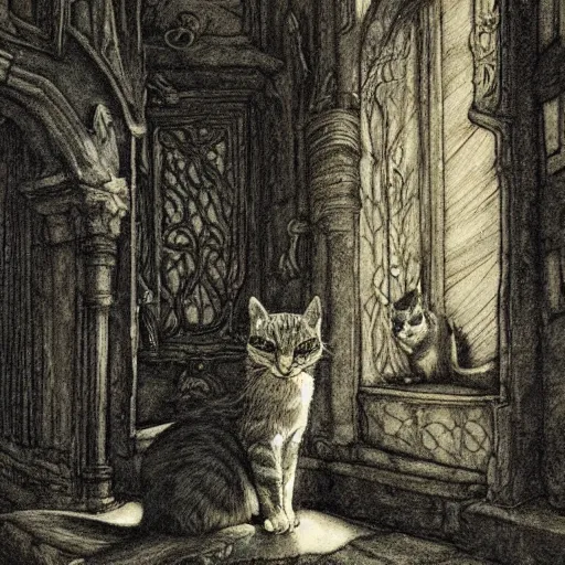 Prompt: cat from the void, illustrations by irish fairy tales james stephens arthur rackham, cat detailed, beautiful cat, fairy tale illustrations, colour, top cinematic lighting , cinematic mood, very detailed, shot in canon,