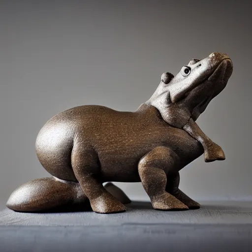 Image similar to small hippopotamus sculpture on a desk with bottom part and legs made out of wood and back and top part out of blue epoxy sculpture, mix, decorative small, 3 5 mm macro photography, studio