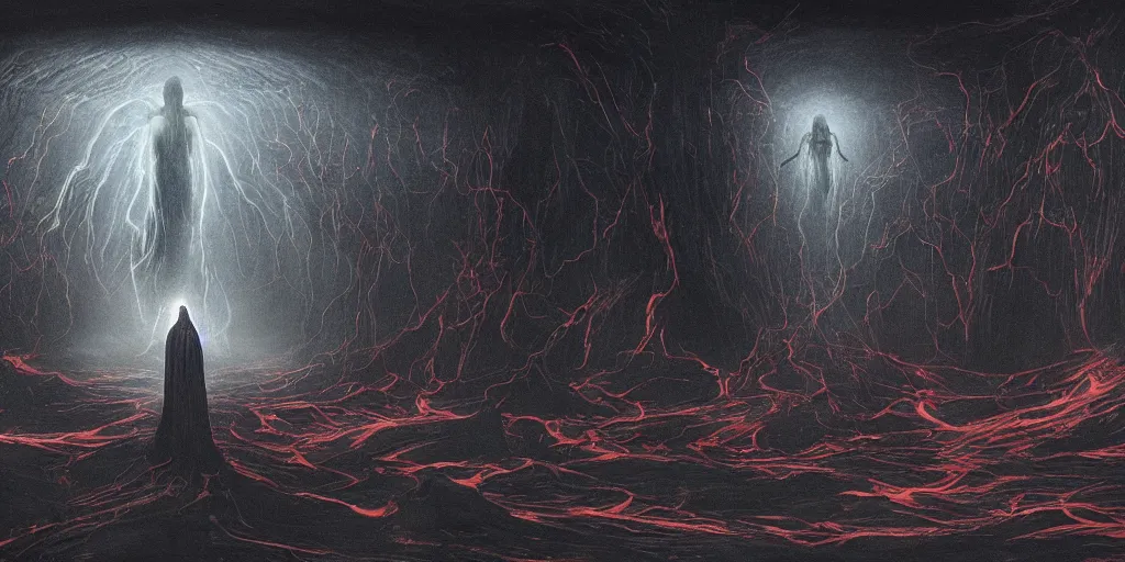 Image similar to maelstrom, gehenna, chaos, the world without form and void, wide shot of a dark sith lord in a robe with electricity, amazing concept painting by Jessica Rossier and HR giger and Beksinski, 1970s film by Stanley Kubrick, iconic scene, stunning cinematography, hyper detailed, sharp, anamorphic lenses, kodak color, 4k, stunning concept art