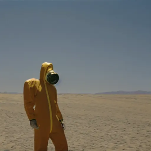 Image similar to a man wearing a hazmat suit, in the desert, giant pepsi cans imbedded in sand in background, film still, panavision panaflex