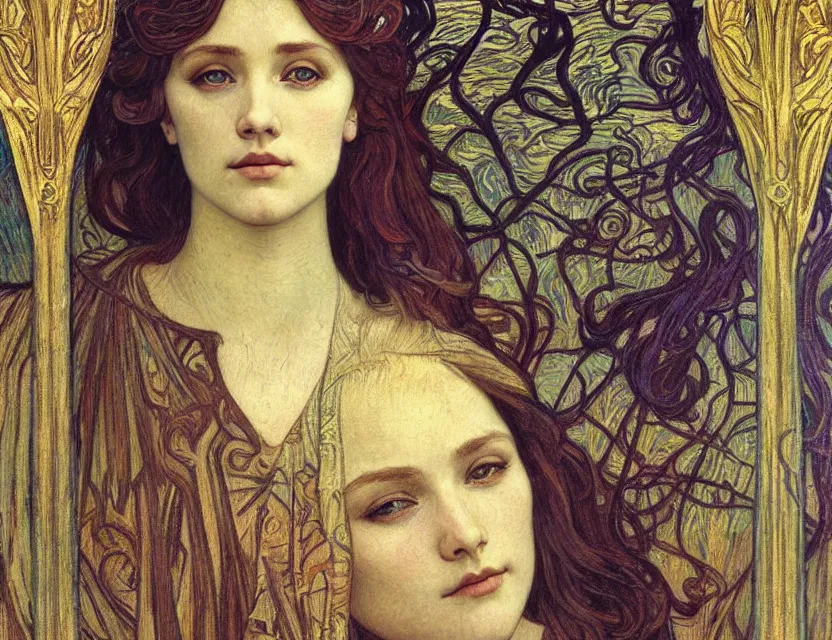 Image similar to detailed realistic beautiful young medieval queen face portrait by jean delville, alphonse mucha, vincent van gogh, and marco mazzoni, art nouveau, symbolist, visionary, gothic, pre - raphaelite