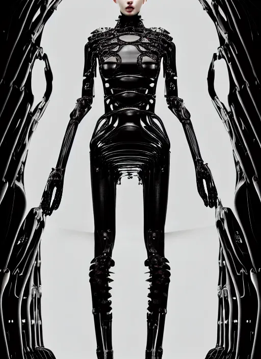 Image similar to catwalk, iris van herpen gothic inflateble dark dress, perfect symmetrical body, helmet on face, full body shot, inflateble shapes, wires, tubes, veins, jellyfish, white biomechanical details, wearing epic bionic cyborg implants, masterpiece, intricate, biopunk, vogue, highly detailed, artstation, concept art, cyberpunk, octane render