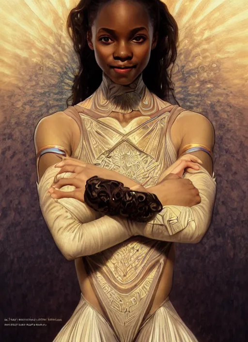 Prompt: ultra realistic illustration, smiling nubian prima ballerina, sci - fi, fantasy, symmetrical face, intricate, elegant, highly detailed, digital painting, artstation, concept art, smooth, sharp focus, illustration, art by artgerm and alphonse mucha