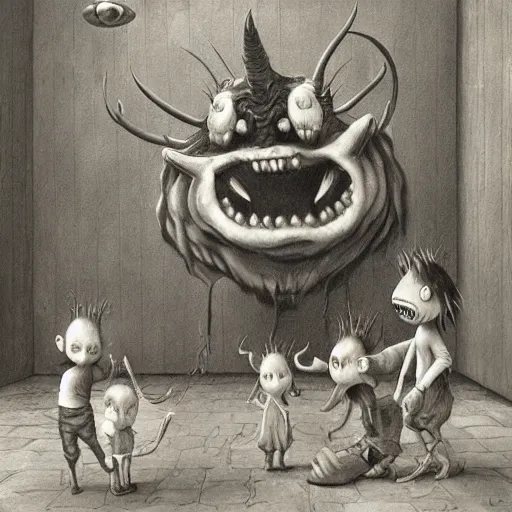 Image similar to a hyperrealistic painting of a demon performing at a childrens birthday party, by john kenn mortensen, highly detailed,