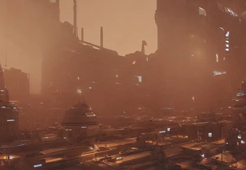 prompthunt: a minimalist scifi brutalist maschinen krieger robot factory at  night with columns of steam, ilm, beeple, star citizen halo, mass effect,  bladerunner, elysium