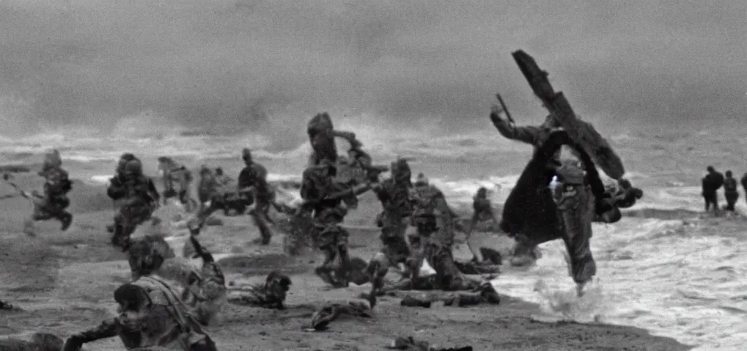 Prompt: the pope storming omaha beach during ww ii