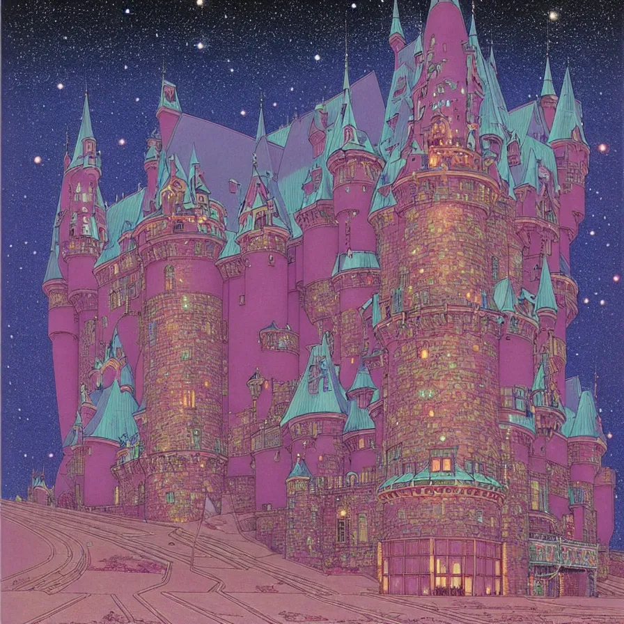 Image similar to ( ( ( ( shinning starry sky and a huge castle, with decorative frame design ) ) ) ) by mœbius!!!!!!!!!!!!!!!!!!!!!!!!!!!, overdetailed art, colorful, artistic record jacket design