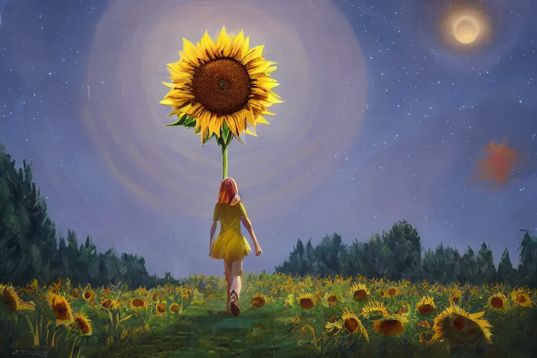 Image similar to giant sunflower as a head, girl walking between trees, hills, surreal photography, dark night, star trails, dramatic light, impressionist painting, clouds, digital painting, artstation, simon stalenhag