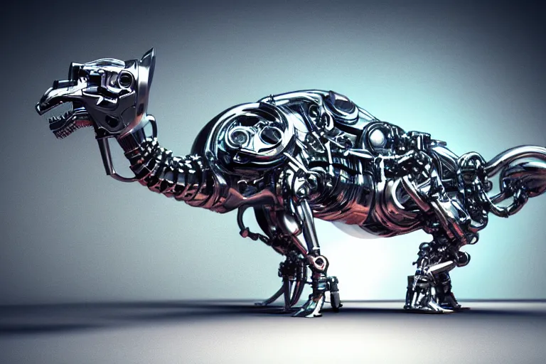 Image similar to futuristic metal cybernetic!! dino!! white blue grey orange laser, octane render, studio light,