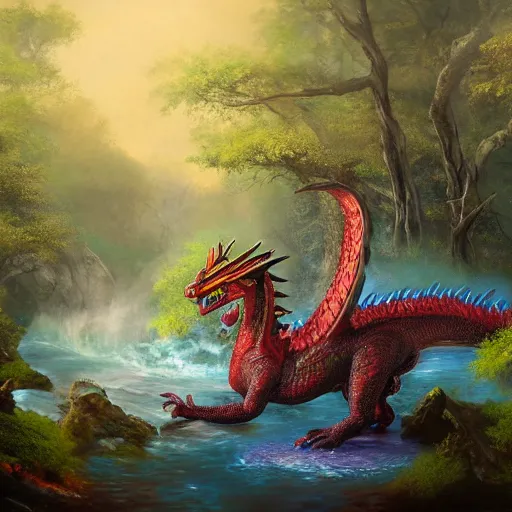 Prompt: highly detailed oil painting of a western dragon emerging from a colorful woodland hotspring, fantasy, featured on artstation