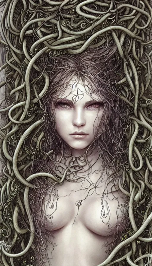 Image similar to very detailed portrait of a 2 0 years old girl surrounded by tentacles, the youg woman visage is blooming from fractal and vines, by luis royo,