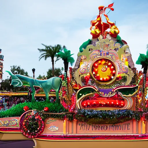 Prompt: main street electrical parade float for the movie Encanto, theme park blog photography