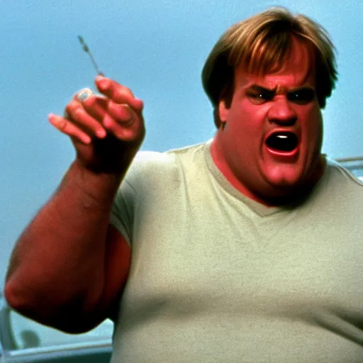 Prompt: chris farley starring in the terminator movie, movie still, 8 k