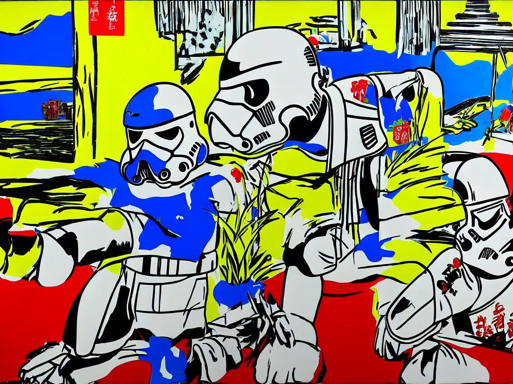 Image similar to hyperrealism composition of the asian home with a garden, stormtrooper in hot springs, pop - art style, jacky tsai style, andy warhol style, roy lichtenstein, acrylic on canvas