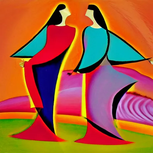 Prompt: two Arab Women in the moonlight dancing by the ocean , high quality art in the style of cubism and georgia o’keefe,