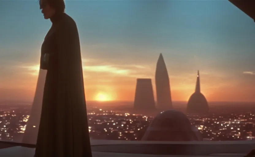 Image similar to iconic wide cinematic screen shot of luke skywalker facing a female sith lord, standing with a view of coruscant at sunset, from the thrilling scene from the 1 9 9 0 s sci fi film directed by stanley kubrick, moody cinematography, foggy volumetric lighting, hyper detailed scene, anamorphic lenses 2 4 mm, lens flare, award winning