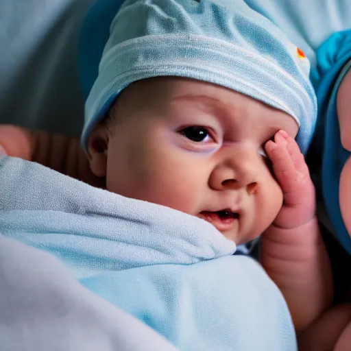 Prompt: a medical photography with flash of a baby with 2 heads on a hospital bed, closeup.