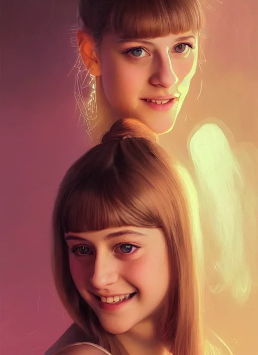 Image similar to portrait of teenage lili reinhart with bangs, smiling kindly, bangs, 1 9 6 0 s, ponytail, bangs and ponytail, intricate, elegant, glowing lights, highly detailed, digital painting, artstation, concept art, smooth, sharp focus, illustration, art by wlop, mars ravelo and greg rutkowski