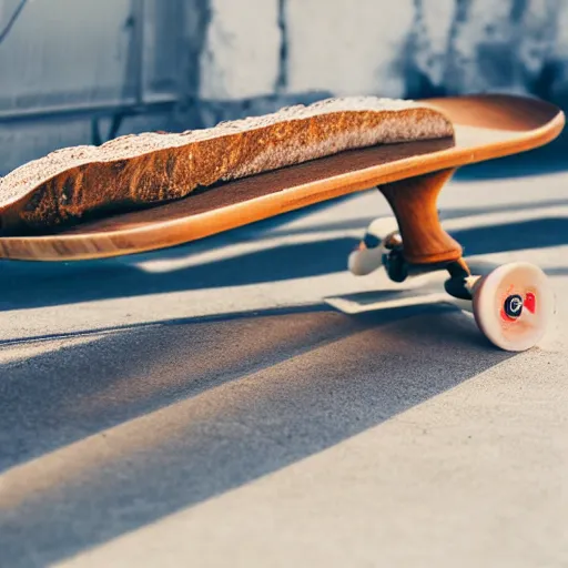 Prompt: skateboard but the deck is replaced with a loaf of bread