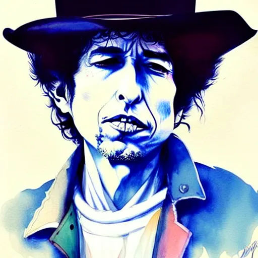 Image similar to an ultradetailed painting of bob dylan wearing a cowboy hat and smirking by conrad roset, greg rutkowski and makoto shinkai trending on artstation