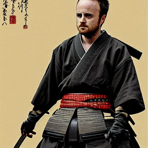 Image similar to jesse pinkman from breaking bad wearing samurai armor and holding a katana in feudal japan, 4 k, hyper realistic, ink block painting, edo period