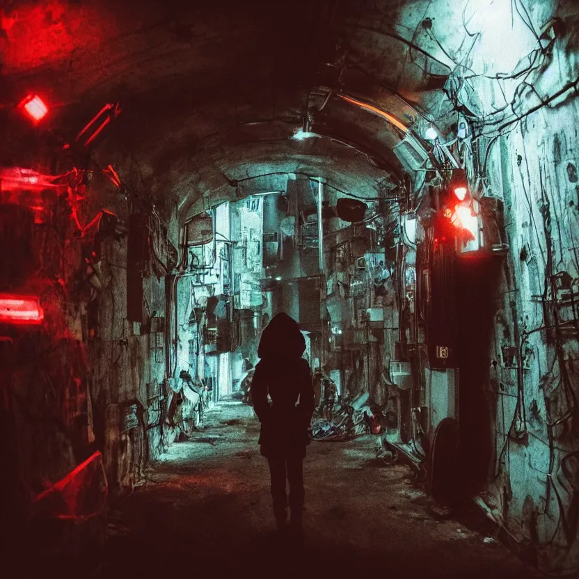 Image similar to a person in a dark tunnel with a light on, cyberpunk art by elsa bleda, trending on cg society, light and space, dystopian art, futuristic, circuitry