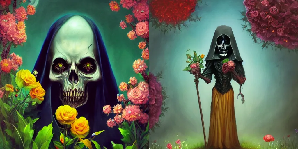 Prompt: The Grimm reaper made out of flowers, black background, fantasy portrait by Esao Andrews and Lisa Frank, cosmic horror concept art, 4k HD, trending on ArtStation, SFW