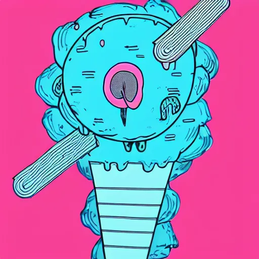 Prompt: crying wobbly eyes mouth pink ice cream, blue waffle cone, 2 0 2 2 intricate concept art, line drawing, 1 9 8 3 book cover art