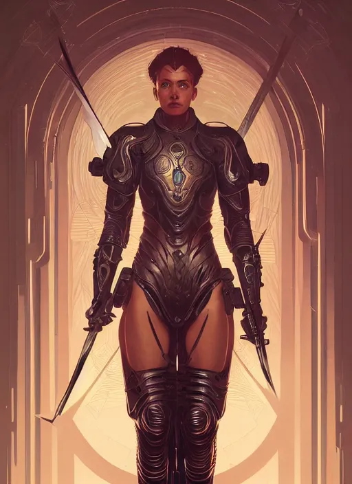 Image similar to symmetry!! portrait of a female character with a sword and armor, sci - fi, tech wear, glowing lights!! intricate, elegant, highly detailed, digital painting, artstation, concept art, smooth, sharp focus, illustration, art by julian del rey and greg rutkowski and alphonse mucha