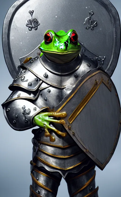 Image similar to a frog, dressed as a knight, holding a large shield, battle armor, atmospheric lighting painted intricate volumetric lighting, beautiful, sharp focus, ultra detailed, sharp, mindblowing, 4 k uhd, 8 k