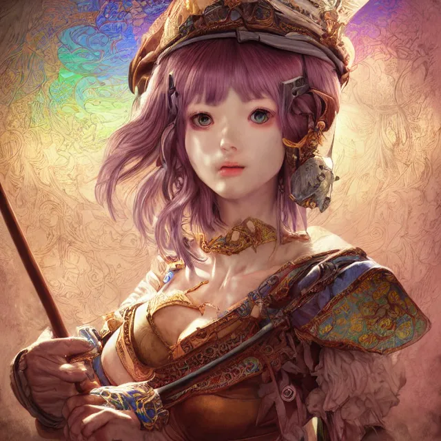 Image similar to the portrait of neutral good colorful female cleric bard as absurdly beautiful, gorgeous, elegant, skinny gravure idol, an ultrafine hyperdetailed illustration by kim jung gi, irakli nadar, intricate linework, sharp focus, bright colors, octopath traveler, final fantasy, unreal engine 5 highly rendered, global illumination, radiant light, detailed and intricate environment