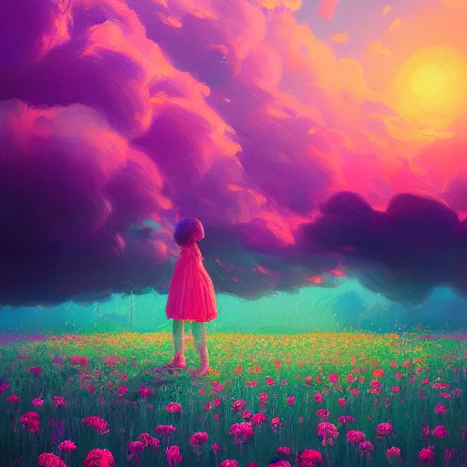 Prompt: rose head, girl floating in a flower field, surreal photography, sunrise dramatic light, impressionist painting, colorful clouds, digital painting, artstation, simon stalenhag