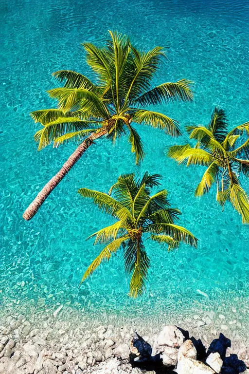 Prompt: palms lean over crystal clear water, photograph by scott westmoreland