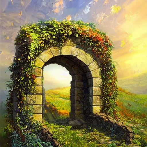 Image similar to colorful marc simonetti and Mark Keathley impasto!! acrylic painting of the slate stone gateway of a forgotten civilization. vines and creepers, stone etchings